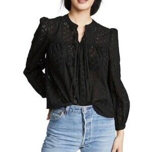 Madewell Black eyelet lace long puff sleeve Size S
